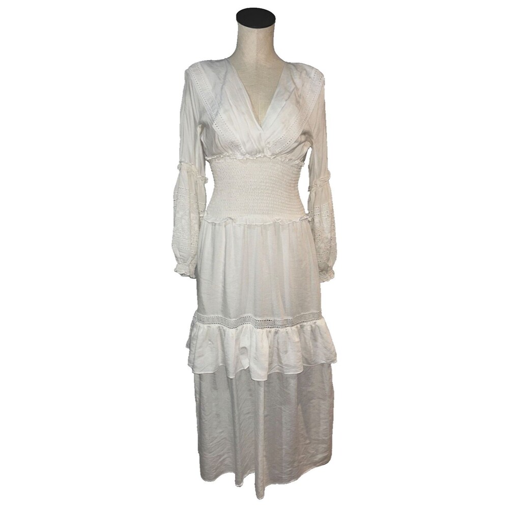 Max Studio London Vintage Women's White Boho Fairy Maxi Dress size S Smocked